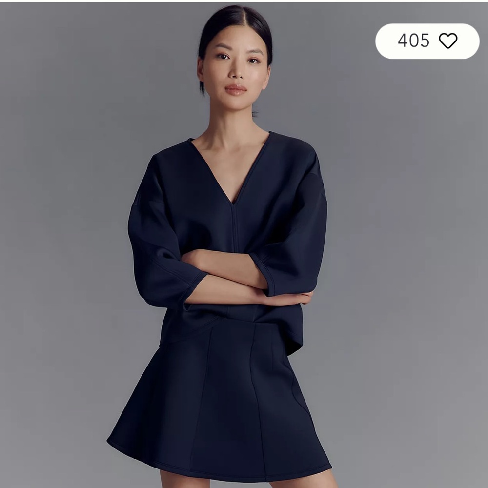 Anthropologie Seamed Navy Shirt and Mini Skirt Set